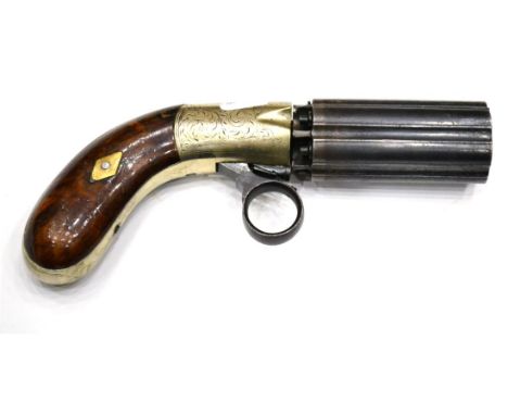 A Cooper's Patent Percussion Cap Six Shot Pepperbox Revolver, the 7.5cm steel barrels with Birmingham proof marks, nickel pla