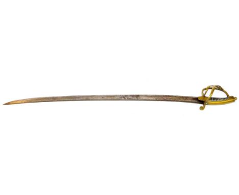 A 19th Century German Cavalry Sword, with 77cm single edge fullered steel blade, the brass three bar hilt with coffin shape l