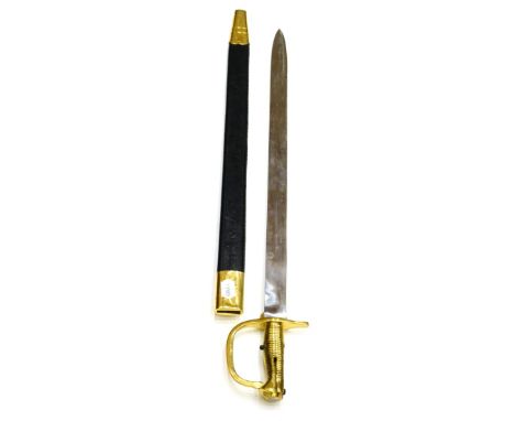 A Modern Copy of a Baker Bayonet, with brass hilt in a brass mounted leather scabbard