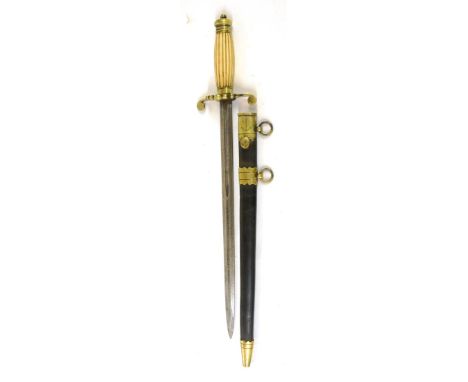 A Copy of a French Five Ball Naval Dirk, with reed ivorine grip and brass mounted leather scabbard