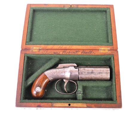 A 19th Century American Five Shot Pepperbox Pistol by Allen & Thurber, the 6cm steel barrel stamped with maker's name, Worces