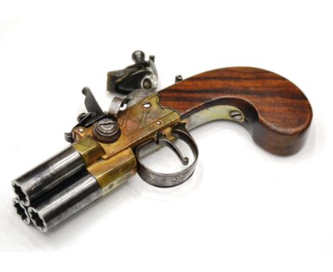 A Rare 18th Century Flintlock Three Barrel Tap Action Pocket Pistol by John Richards, London, with 3cm numbered blued steel t