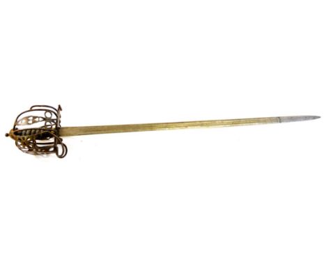 A 19th Century Basket Hilt Broadsword, with 81cm double edge double fullered steel blade, the steel basket hilt with wire bou