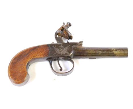 An 18th Century Flintlock Pocket Pistol by Webster & Stovin, the 6cm turn-off steel barrel with Board of Ordnance markings, t