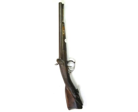 A 19th Century Belgian Percussion Short Double Barrel Stagecoach/Hunting Gun, the 30cm browned steel barrels stamped on the r