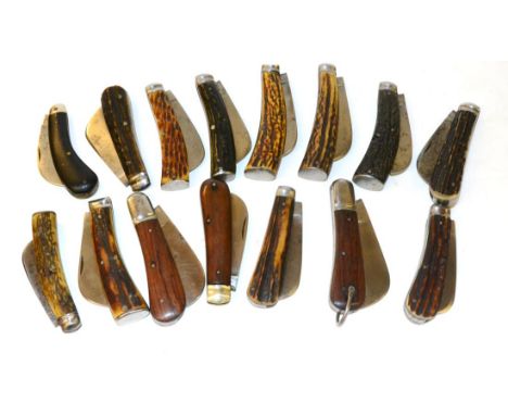 A Collection of Fifteen Various Folding Pruning Knives, with antler and wood grip scales, mainly by Sheffield makers includin