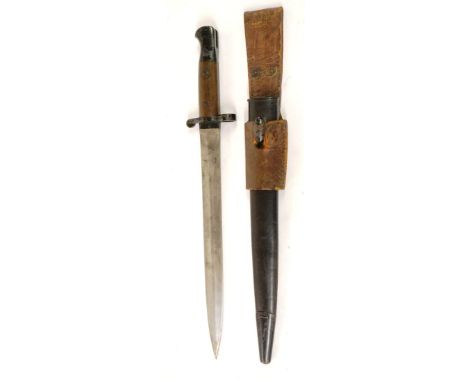 A British 1903 Pattern Bayonet, the blade stamped with crowned ER over 1903, the wood grip scales with inspection stamps, wit