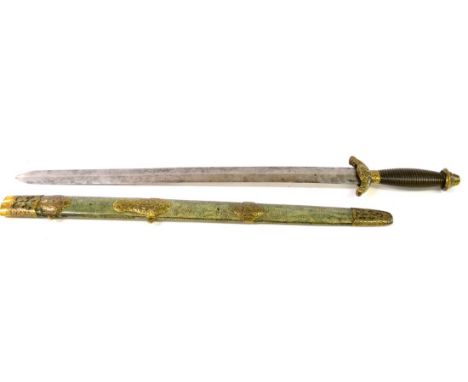 A 19th Century Chinese Jian Sword, with 62cm double edge steel blade, brass down-swept winged crossguard, ribbed horn grip an