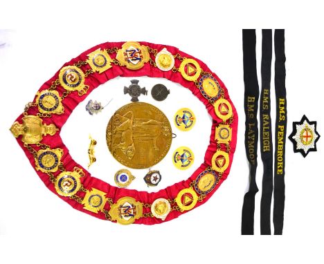 A First World War Memorial Plaque, awarded to ROBERT TRATTLES; an RAOB Crimson Silk Neck Sash, set with eighteen gilt metal a