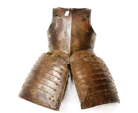 An English Civil War Pikeman's Breast Plate and Tassets, the one piece breast plate struck with crowned R armourer's mark ove
