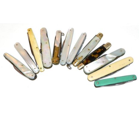 A Collection of Twelve Various Mainly Sheffield Made Folding Pocket Knives, two with mother of pearl grip scales inscribed Jo