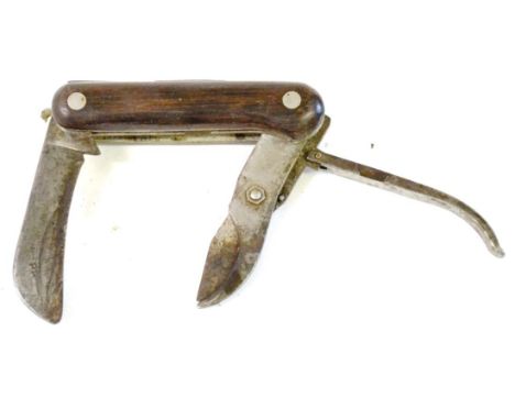 A 19th Century Gardener's Folding Pocket Knife, with a pair of folding secateurs and a folding blade stamped TRADE ## MARK PP
