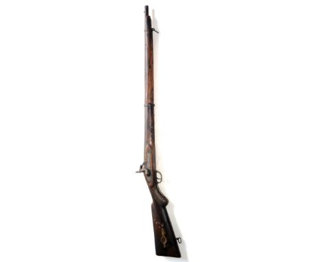 A 19th Century Indian Percussion Cap Musket, with 76.5cm steel barrel, plain lock plate, wood full stock with chequered semi 