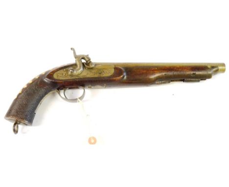 A 19th Century Indian Percussion Cap Service Pistol, the 26.5cm steel barrel with raised strapwork decoration to the breech, 