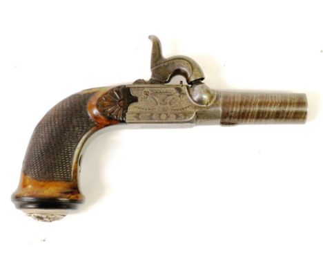 A 19th Century Belgian Percussion Pocket Pistol by Lesbesconte, the 4.5cm twist steel turn-off barrel with Liege proof mark, 