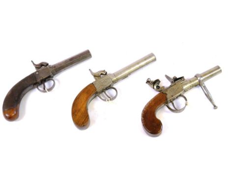 An 18th Century Flintlock Pocket Pistol, the 6cm steel turn-off barrel with Ordnance proof house marks, the box lock signed R