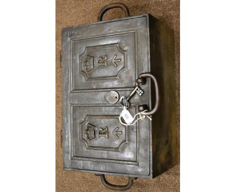 A Victorian Cast Iron Revenue Strong Box, of rectangular form, the hinged cover with handle and two panels, each cast with a 