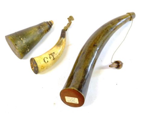 An Early 19th Century Horn Powder Flask, with wood base and elm stopper with brass suspension ring, 36cm; an 18th Century Hor