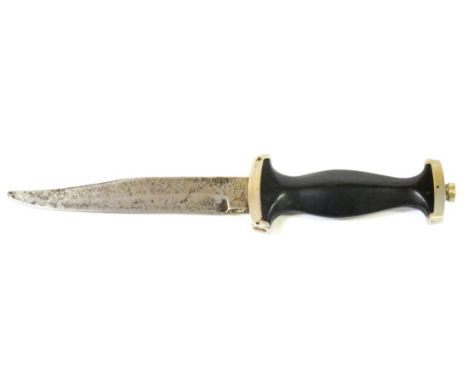 A German Third Reich Fighting Knife, possibly SS, the 15cm hatchet tip steel blade stamped WHITBY, SOLINGEN, GERMANY, with ni