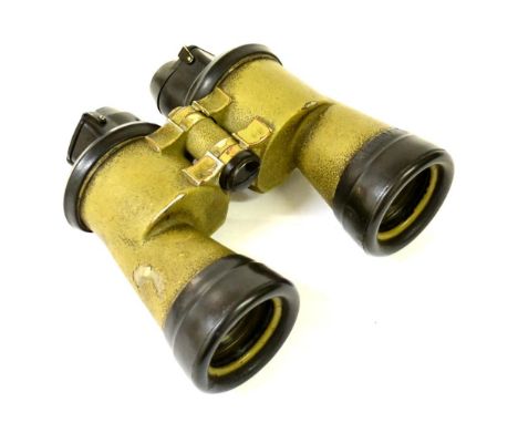 A Pair of Second World War German 7 x 50 U-boat Binoculars, with green crinkle enamel body, rubber protectors to the lenses, 