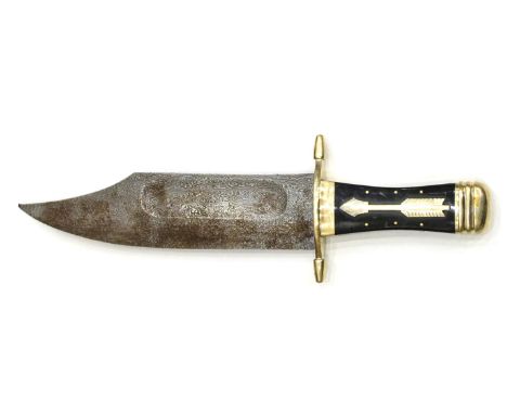 A Massive Indian Bowie Knife, with 30.5cm broad hatchet tip damascus steel blade, the nickel plated hilt with ovoid quillons 