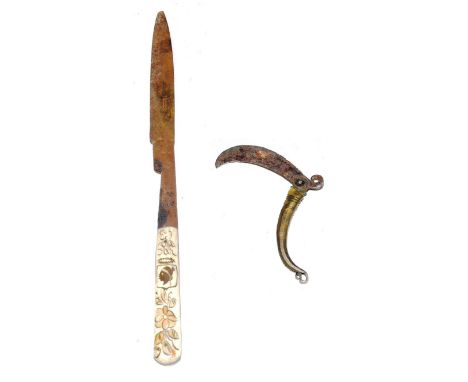 A Corsican Vendetta Folding Knife, the 19cm single edge steel blade bearing faint traces of foliate etched decoration, stampe