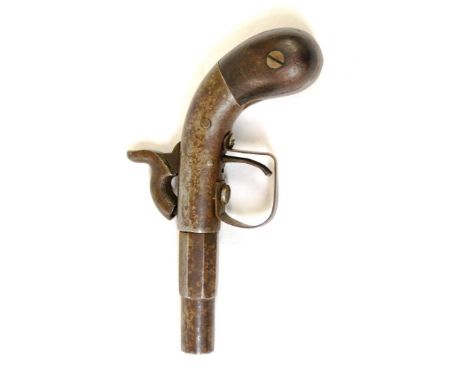A 19th Century Percussion Pocket Pistol, the 5cm steel barrel octagonal at the breech, the bag butt with walnut grip scales (