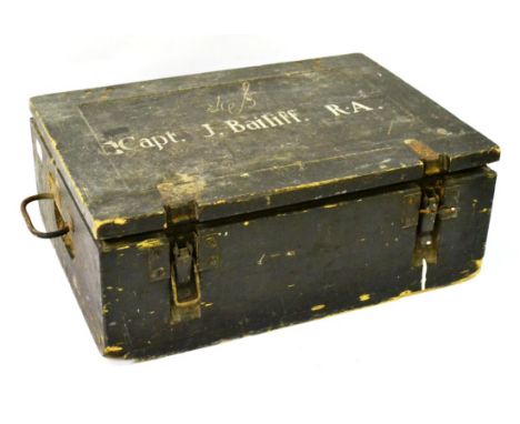 A Black Painted Pine Ammunition Box, lined with metal, with two side carrying handles, the hinged cover stencilled in white `
