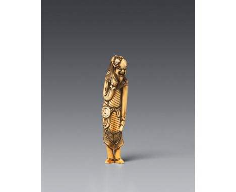 Netsuke eines großen Fremden mit kleinem Chinesen. Elfenbein. 18. Jh.Der wild dreinschauende bärtige Fremde mit vom Gürtel hä