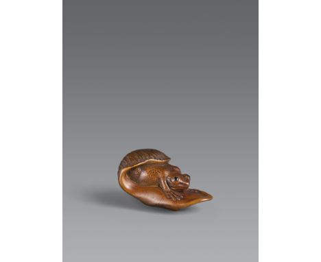 Netsuke eines Frosches auf Blatt. Holz. 19. Jh.Sign. in ovaler Reserve: HonpuDer Frosch sitzt mit ausgestreckten Vorderfüßen 