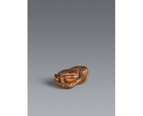 Netsuke einer Kröte an Felsen. Buchsbaum. Ise-Yamada. 19. Jh.Sign. in einer ausgesparten Reserve: MasanaoEine Kröte hockt auf