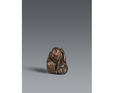 Netsuke der hockenden Ono no Komachi. Dunkles Holz. 19. Jh.Die verarmte greise Dichterin mit von Alter gezeichnetem schmalem 
