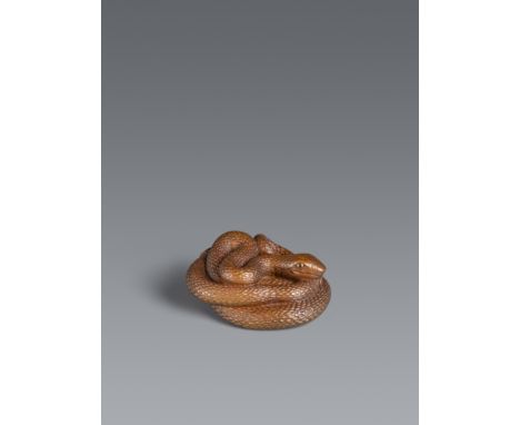 Netsuke einer Schlange. Helles Buchsbaum. Wahrscheinlich Gifu. 19. Jh.Sign. in abgerundeter Reserve: MasakazuZusammengerollt 