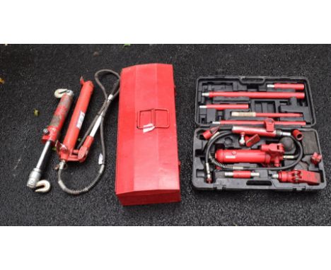 Hydraulic car and similar body repair tools comprising Sealey Snap 10 ton kit in case, Mac 4 ton kit in case and further Seal
