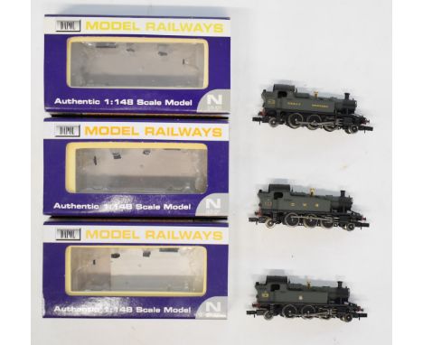 Three Dapol 45xx N gauge model railway prairie tank locomotives, all original boxes. 