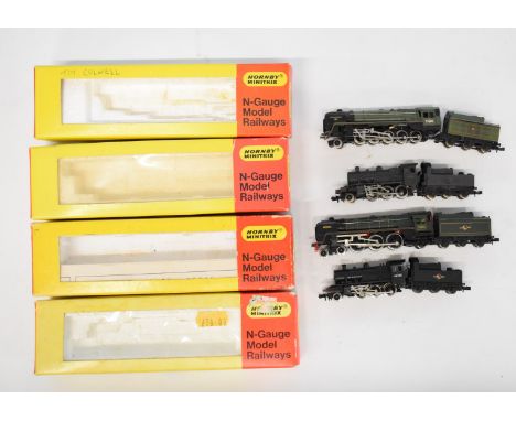 Four Hornby Minitrix N gauge model railway locomotives Evening Star, Britannia and two Ivatt examples, all original boxes. 