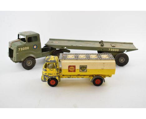 Two Tri-ang diecast or pressed steel model vehicles military Missile Launcher with '73000' decals and Shell BP tanker, larges