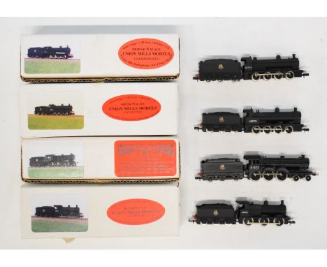 Four Union Mills BR N gauge model railway locomotives Q2, G2, 3F and B12/3, all original boxes. 