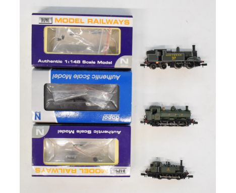 Three Dapol N gauge model railway locomotives GWR pannier, GWR Terrier and SR M7, all original boxes. 