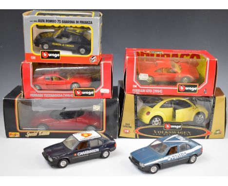 A collection of mainly Burago diecast model sports cars to include Ferrari Testarossa 1984 and Volkswagen New Beetle 1998, mo
