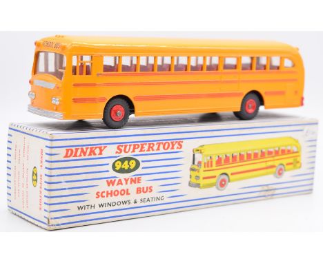 Dinky Supertoys diecast model Wayne School Bus with yellow body, red trim, red hubs and interior, 949, in original box.