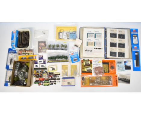 Collection of N gauge model railway vehicles, plants, points and point motors including Peco and Graham Farish