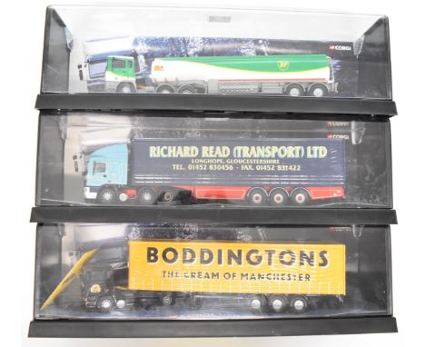 Three Corgi Modern Trucks 1:50 scale diecast model lorries comprising ERF Tanker BP 75103, ERF Curtainside Richard Read (Tran