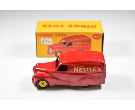 Dinky Toys diecast model Austin Van Nestlé with red body, yellow hubs and gold decals, 471, in original box.
