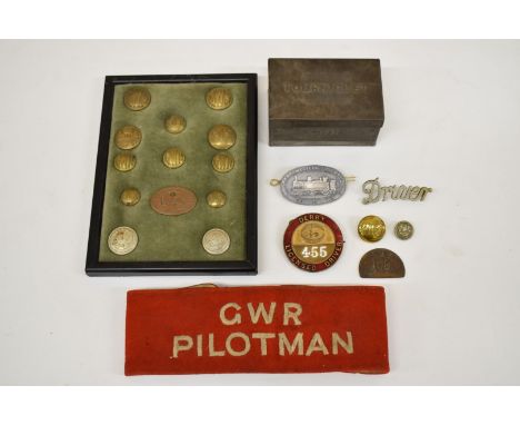 Railwayana and collectables to include Derby licenced driver enamel badge, GWR pilotman armband, GWR tourniquet box, buttons,