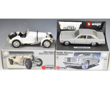 Two Burago Diamond Series 1:18 scale diecast model cars comprising Rolls Royce Camargue 3001 and Mercedes Benz SSKL (1931) 30