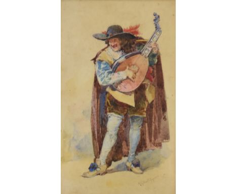 Henry Gillard Glindoni RBA (852-1913)&nbsp; watercolour portrait of a man playing a mandolin, signed lower right 29 x 17cm, i