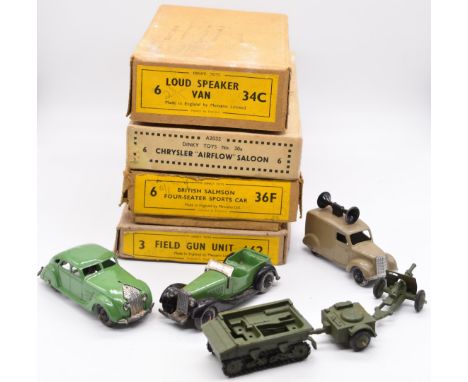 Four Dinky Toys diecast model vehicles and vehicle sets comprising Loud Speaker Van 34C, Field Gun Unit 162, British Salmson 