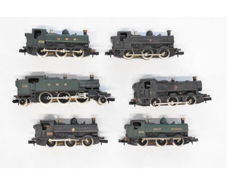 Six Graham Farish N gauge model railway locomotives GWR prairie tank and five GWR/BR pannier tanks.&nbsp;