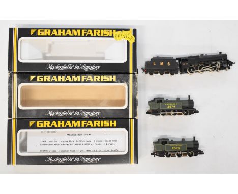 Three Graham Farish N gauge model railway locomotives LMS Black Five and two SR 0-6-0 tanks, all in original boxes. 